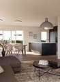 modern living room with sofa, coffee table, dining table, kitchen island, large windows, artwork, and mounted TV