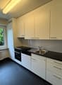 modern kitchen, white cabinets, black countertops, stainless steel sink, oven, dishwasher, window with view