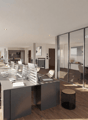 modern office with glass walls, wooden floor, long desk, office chairs, monitors, cabinets, shelves, projector