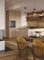 modern kitchen with dining area, fireplace, wooden floor, wooden cabinets, modern lighting, dining table with chairs