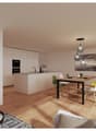 open-plan kitchen and living room, island with stove and sink, dining table with chairs, TV, wooden floor, white walls, pendant lights