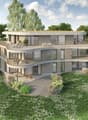 Modern architectural design, multiple levels, balconies, green roof, surrounded by greenery