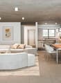 Contemporary design with clean lines, white couches and chairs, large rug, wooden dining table, built-in bookshelves, large TV, white walls, modern lighting.