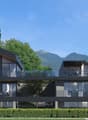 Modern architectural design, glass facades, balconies, outdoor seating areas, mountain view, spacious living areas