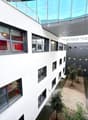 White exterior building, large windows, balcony on second floor, internal courtyard, small trees, tiled flooring