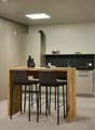 Modern office kitchen with wooden bar counter, black bar stools, built-in kitchen appliances, and potted plants