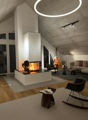 wooden floor, modern design, central fireplace, glass doors, rocking chair, carpet, table, decorative objects