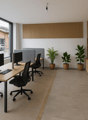 office desk, chairs, computer monitor, keyboard, bookshelves, potted plants, large windows