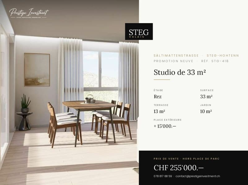 STEG Pièces 1,5 (studio) · Surface habitable 33 m² · Balcon 13 m² · Jardin 10 m² · Étage rez-de-chaussée · Livraison avril 2028 · Prix CHF 255'000.? (1)