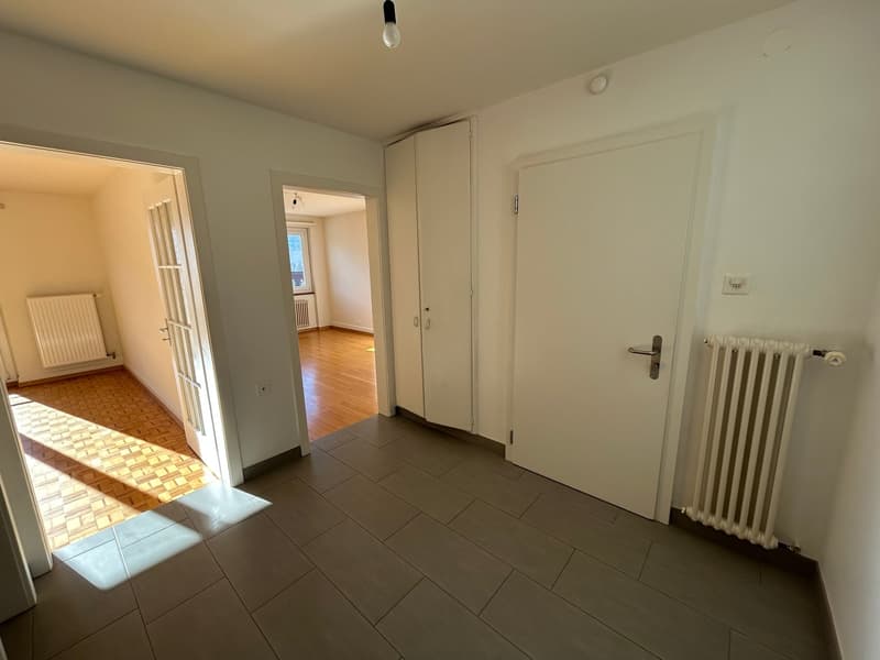modern design, white walls, brown floors, large windows, open doors, radiators