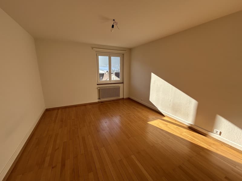 Empty room, wooden floors, white walls, window with view, radiator
