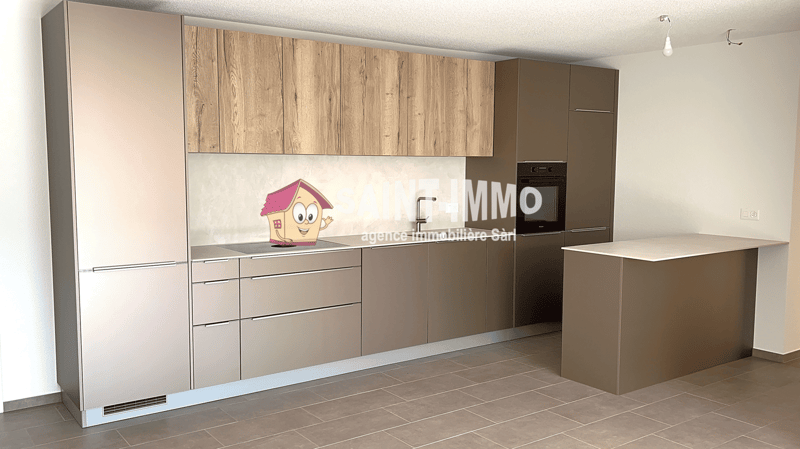 Modern kitchen with wooden cabinets, gray drawers, built-in oven, and a dishwasher