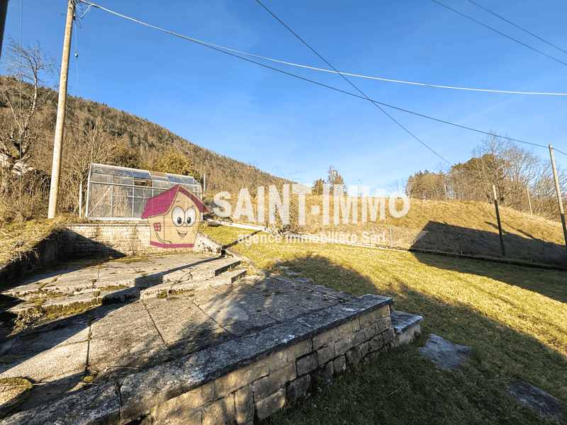 Large garden, with a pathway, a green shed, a stone wall, grass, trees, mountains, and a clear sky.