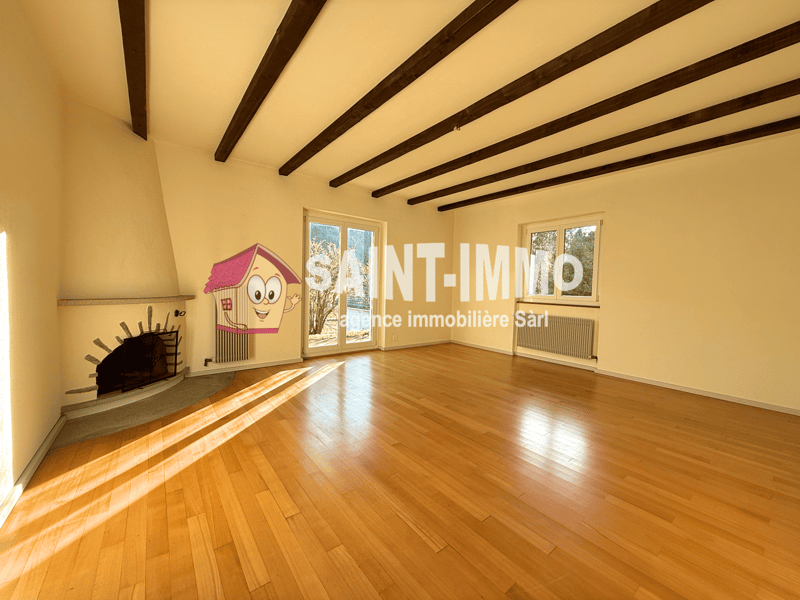 hardwood floor, exposed wooden beams, large windows, fireplace