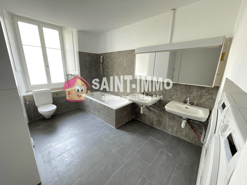 Bathroom with a toilet, bathtub, sink, and washing machine. The walls and floor are tiled in gray.