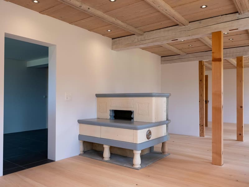 wide open room, wooden floor, wooden pillar, white wall, wooden ceiling, fireplace