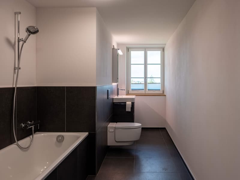 Bathtub, separate toilet, sink, window, shower