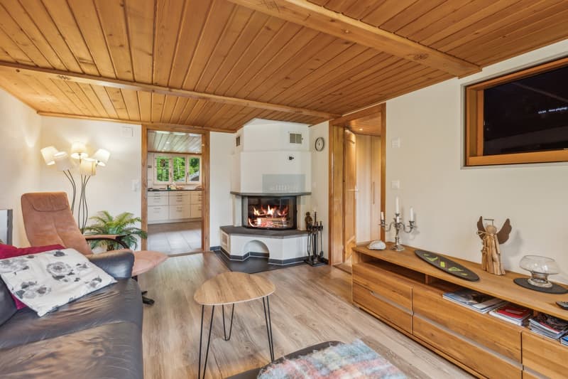 Cozy living room with a wood-burning fireplace, wooden ceiling, hardwood floors, and a TV stand with decor. The room also features a comfortable sofa and a coffee table.