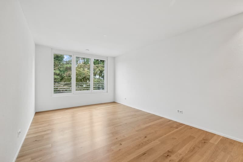 Spacious room with large windows overlooking a wooded area, hardwood floors, and white walls