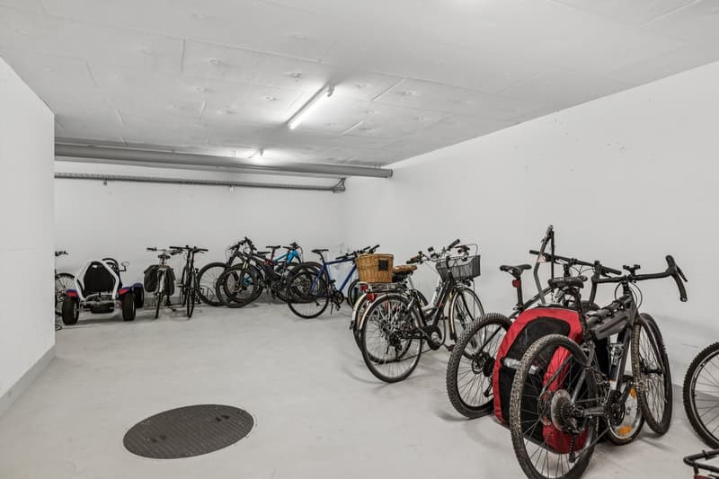 The image shows a garage or storage space filled with various bicycles and other cycling equipment. There are several road bikes, mountain bikes, and other types of bicycles stored in the space, along with some additional accessories like bike trailers. T