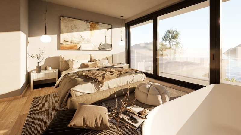 Spacious bedroom with large windows offering a scenic view, hardwood floors, neutral-toned bedding and decor, abstract artwork, and modern lighting fixtures.