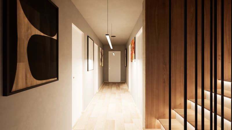Long, narrow hallway with wooden walls and floors, modern lighting fixtures, and artwork on the walls.