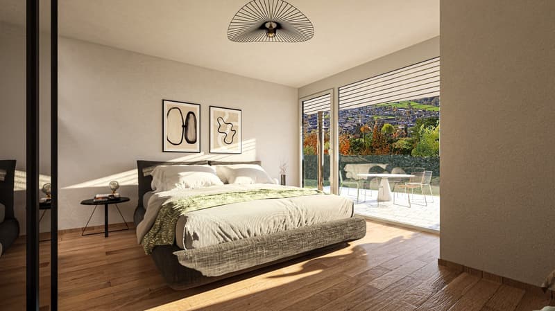 Master bedroom with large bed, bedside tables, ceiling lamp, and sliding doors leading to a terrace