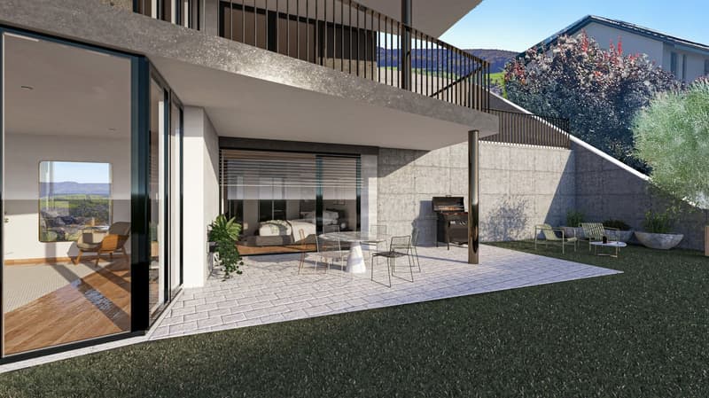Modern house, large glass doors, stone patio, outdoor dining table, artificial grass, balcony with railings, white and gray materials, mountains in the background