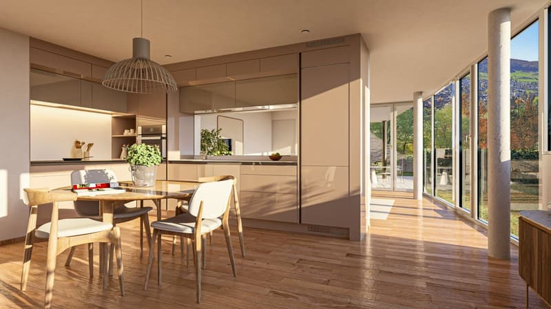 Dining area, wooden floor, glass walls, table and chairs, kitchen, open to outdoor