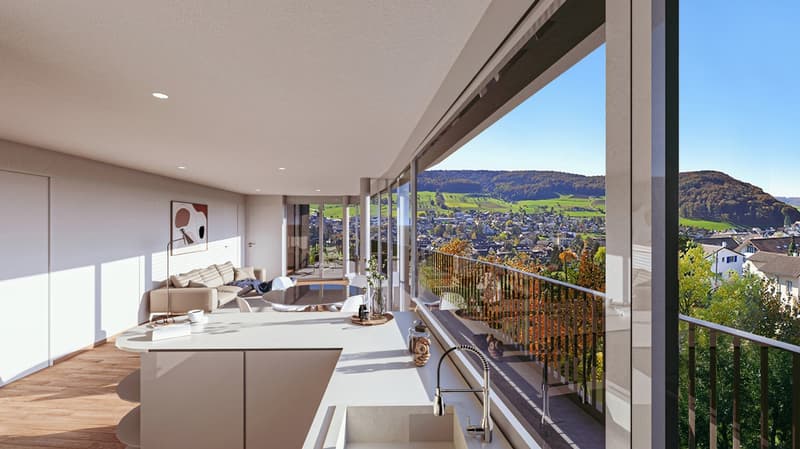 open floor plan, large windows, balcony, kitchen, living room, dining area