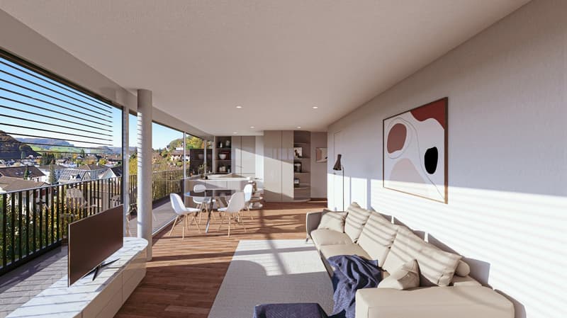 large windows, couch, TV, round table with chairs, balcony, kitchen island