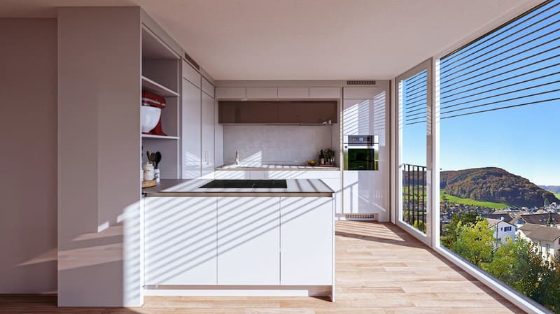 modern kitchen, white cupboards, large island, gas stove, dishwasher, oven, windows to the balcony