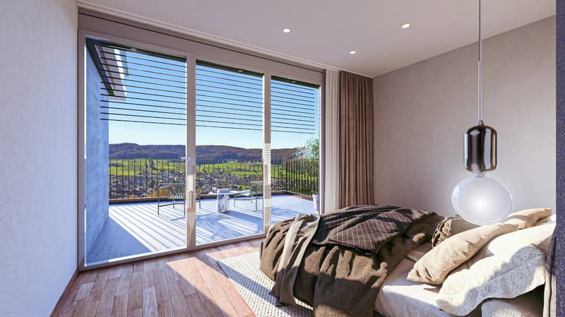 sliding doors, large windows, wooden floor, bed, pillows, hanging lamps, view to the terrace