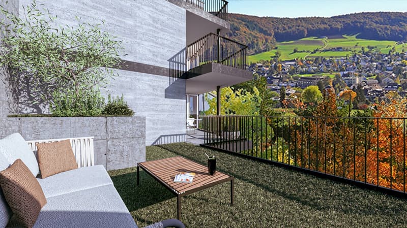 Balcony, outdoor sofa, coffee table, fenced with railing, artificial turf