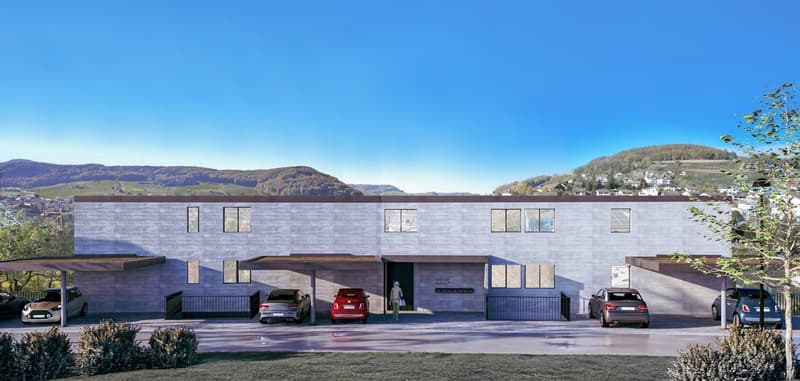 Apartment building with underground parking, modern design, 4 units, balconies, entrance