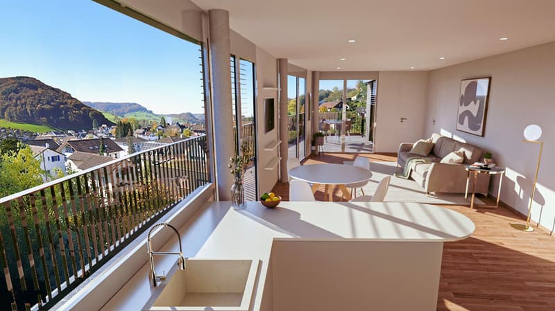 Open kitchen, living area with couch, large windows, balcony with metal railing, city view