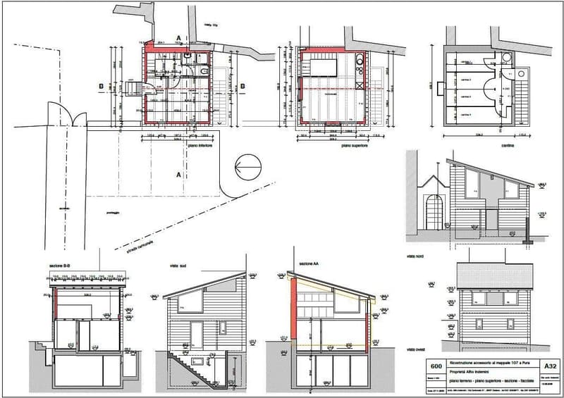 This floor plan shows several views of a residential building, including sections, elevations, and details of doors and windows.