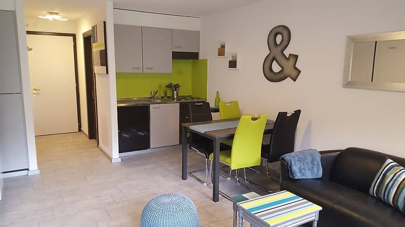 Open kitchen with green wall, dining table, black couch with cushions, light gray wooden floor, side table, decorative rug
