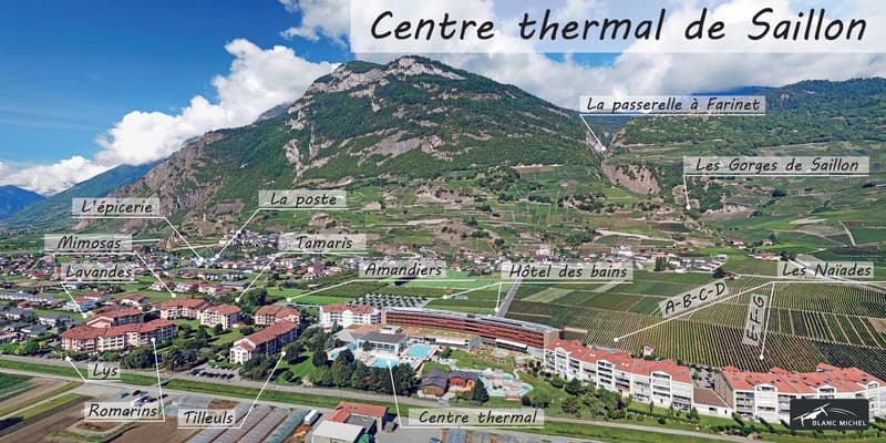 Large building complex with multiple buildings, a pool area, parking, gardens, and swimming pool, surrounded by vineyards.