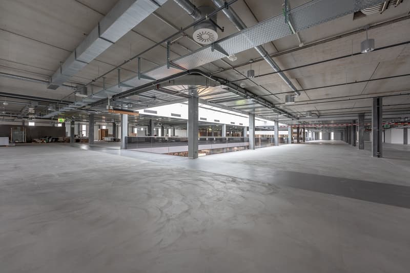 Empty room with concrete floor, exposed ceiling with beams and metal structures, glass walls, some light fixtures, unfinished walls, windows
