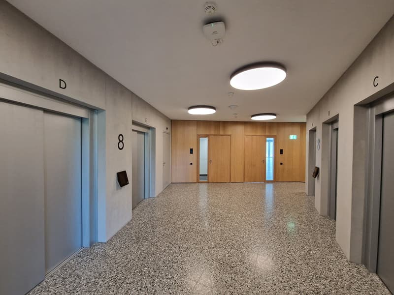 Long corridor with three elevator shafts, beige speckled floor, white and gray walls, overhead lighting
