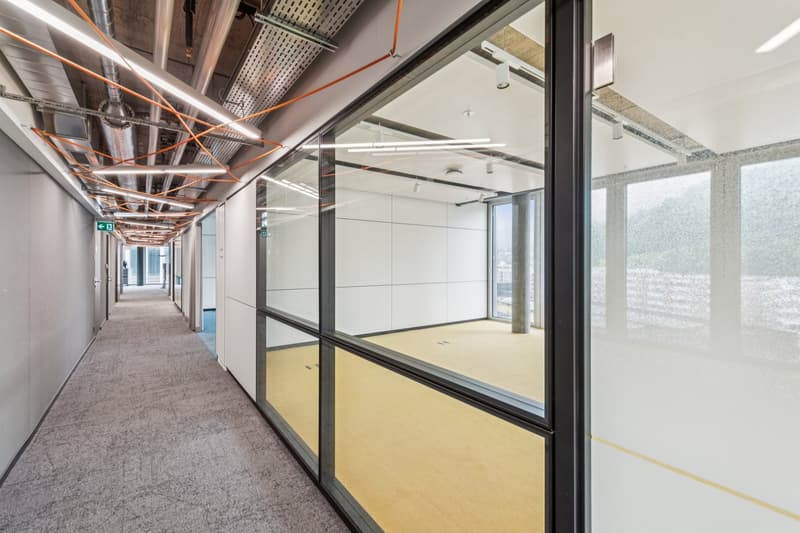 empty corridor, glass walls, gray flooring, exposed pipes, ceiling mounted lights