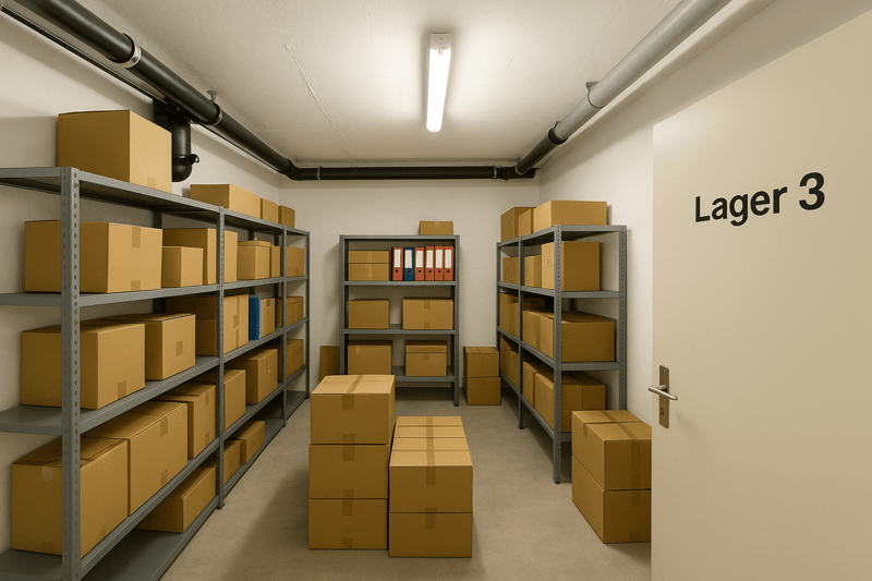 metal shelves, storage boxes, steel pipes, ceiling light, white walls
