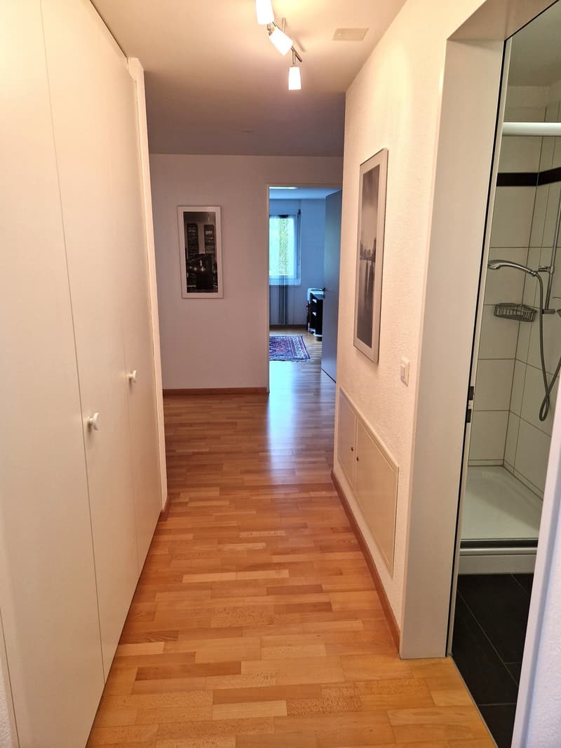 The image shows a hallway with hardwood flooring, white walls, and recessed lighting fixtures. There is a framed artwork hanging on the wall and a doorway leading to another room visible at the end of the hallway.