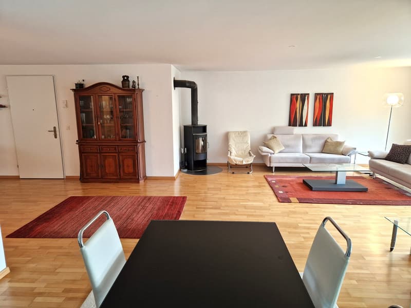 Spacious living room with hardwood floors, white walls, a large wooden cabinet, a black wood stove, a gray sofa, and a red and black area rug. The room also has some artwork on the walls and a floor lamp.