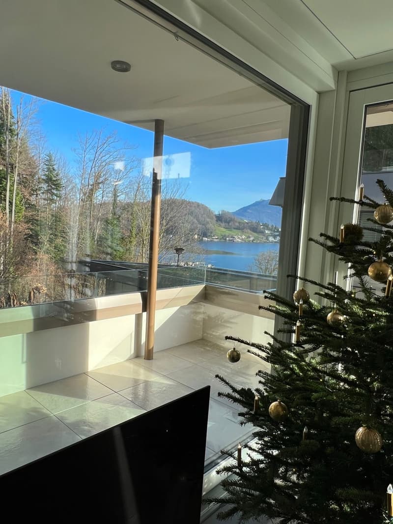 A balcony or terrace with a glass wall and floor, offering a panoramic view of a lake and mountains, with a Christmas tree indoors