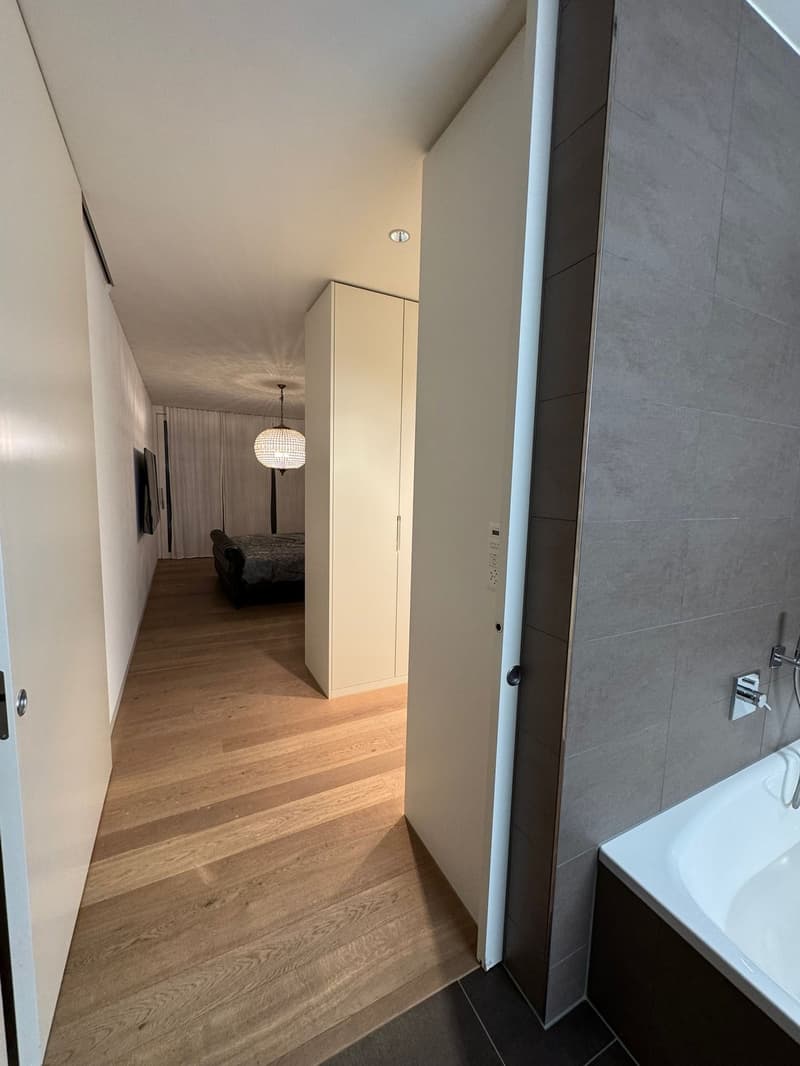 interior hallway, wooden flooring, white walls, modern minimalist design, bedroom visible in the background, bathtub and shower in adjacent room