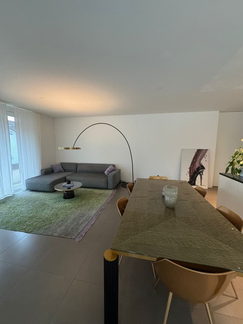 Dining area: Large dining table, chairs, large floor lamp, gray couch, coffee table, carpet, white curtains, artwork