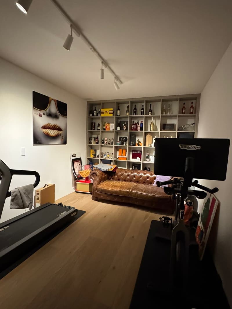 room contains treadmill, couch, wine collection shelf, monitor, canvas