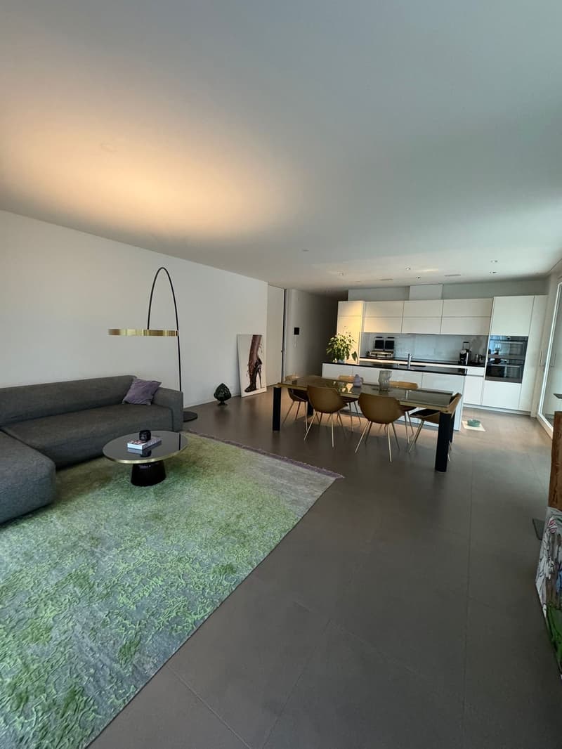Open plan living and dining area, with a grey sofa, coffee table, green rug, dining table, and kitchen with white cabinets.